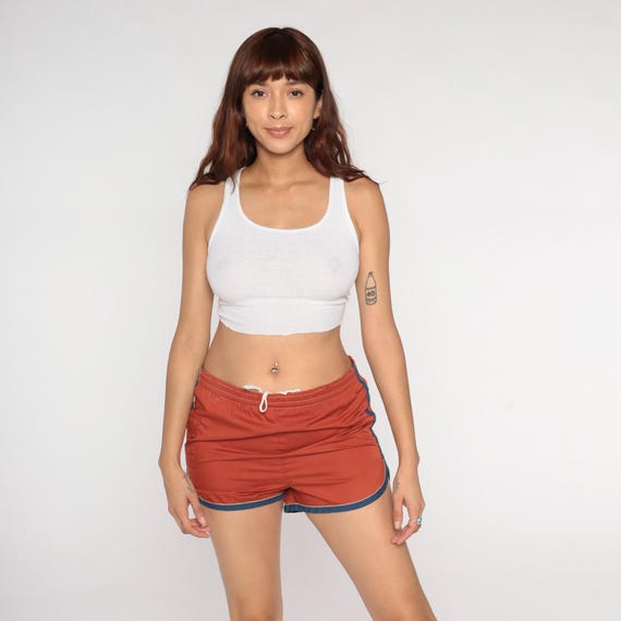 80s Swim Shorts -- Brown Swim Trunks High Waisted Rust Retro Running Jogging Vintage 70s Bathing Suit Elastic Waist Medium M