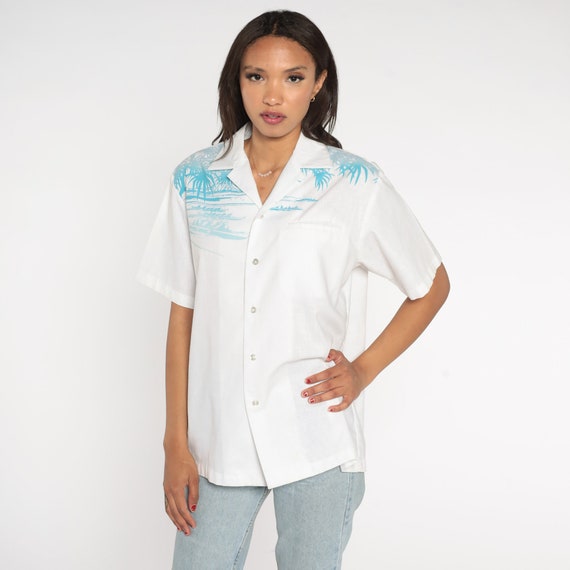 Vintage Hawaiian Shirt 90s White Tropical Button Up Shirt Outrigger Rowboat Canoe Boat Print Top Short Sleeve Retro Aloha 1990s Mens Medium