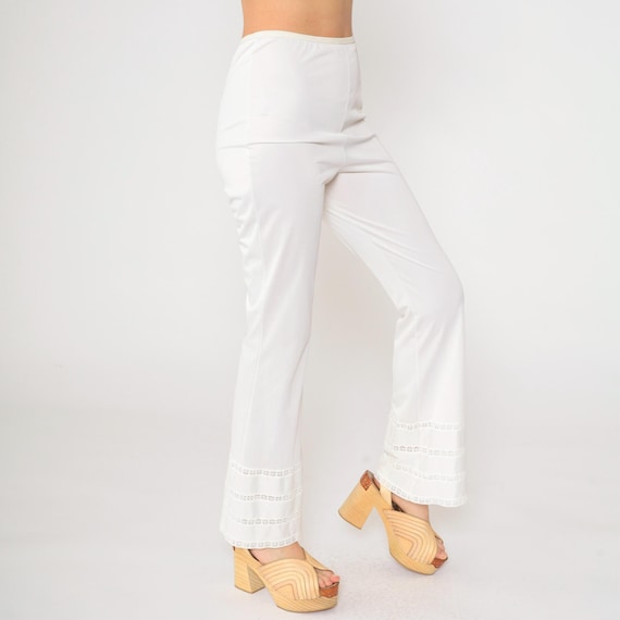 Vintage 70s Flared Lounge Pants White Nylon with Lace Trim Slip Waistband Sleep Pants Silky Pajama Pants 1970s Boho Vintage Small