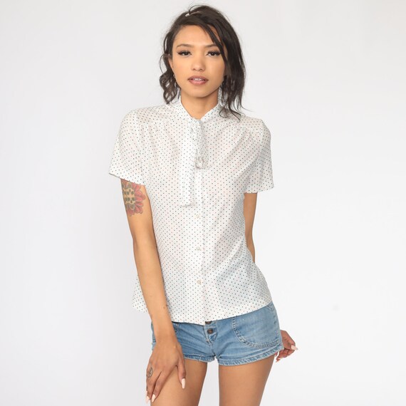 ASCOT Blouse 70s Shirt White Polka Dot Shirt 80s Secretary Top Button Up Preppy Necktie Pussy Bow Vintage 1970s Cap Sleeve Retro Small S