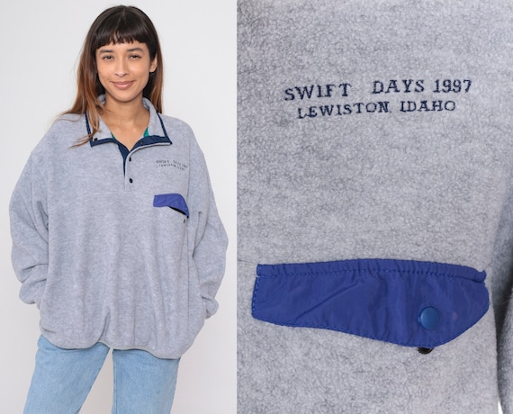90s Fleece Jacket 1997 Swift Days Lewiston Idaho Snap Up Quarter Button Collared Grey Teddy Fuzzy Sweater Hiking Vintage 1990s Men's Large