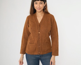 70s Brown Wool Cardigan Vintage Flecked Button Up Knit Sweater Retro Plain V Neck Boho Basic Neutral Earth Tone Fall 1970s Small Medium
