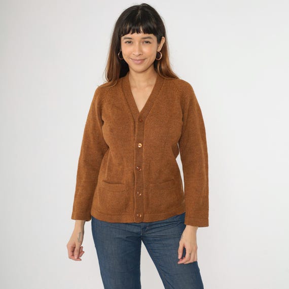 70s Brown Wool Cardigan Vintage Flecked Button Up Knit Sweater Retro Plain V Neck Boho Basic Neutral Earth Tone Fall 1970s Small Medium