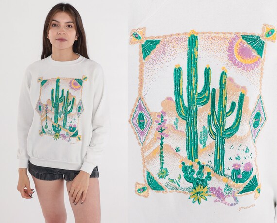 Glitter Desert Sweatshirt 90s Arizona Sweatshirt Sparkly Cactus Flower Lizard Sun Graphic Shirt White Sweater Retro Vintage 1990s Medium M