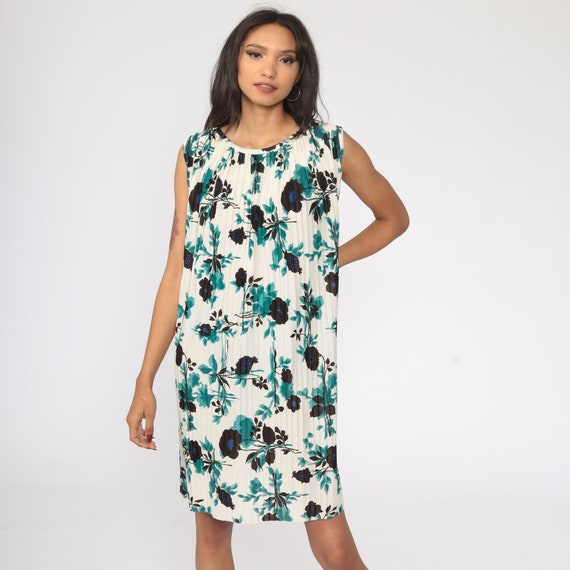 Floral Shift Dress Pleated Mini Flower Print Off-White Blue Dress Hippie Vintage 70s Twiggy Summer Minidress Sleeveless Large xl l