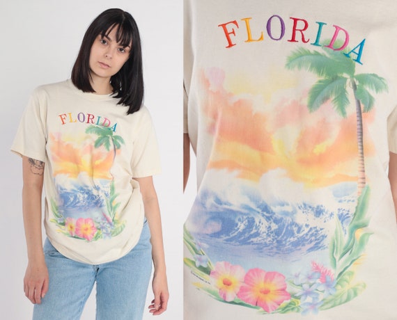 Florida T-Shirt 90s Beach Shirt Tropical Floral Palm Tree Graphic Tee Fl State Tourist Travel Embroidered Single Stitch Vintage 1990s Medium