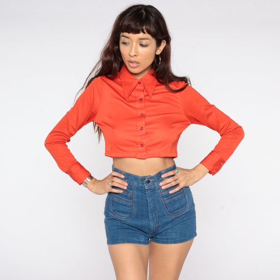 Orange Crop Top 70s Cropped Shirt Polyester Bohem… - image 4