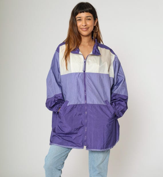 Purple Color Block Windbreaker Jacket Vintage 90s Longline Jacket Warmup Thin Nylon Jacket 1990s Zip Up Warm Up Plus Size 2x 2xl