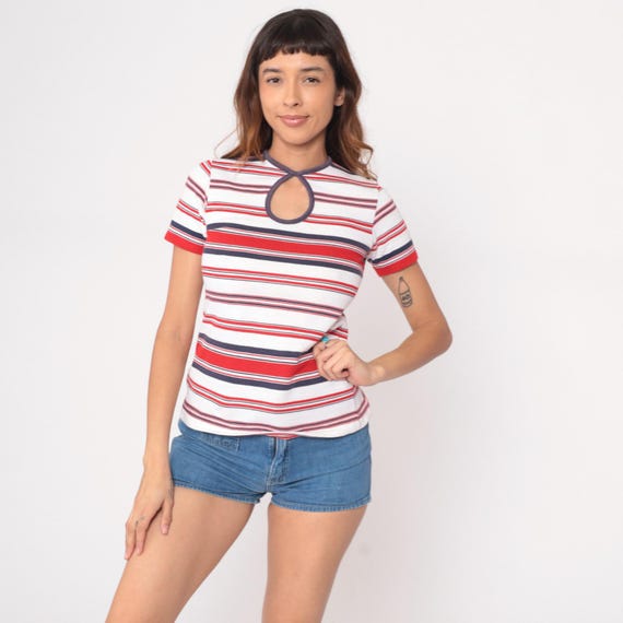 60s Striped Knit Top Mod Red White Navy Blue Keyhole Cutout Cotton Vintage Mod Preppy Americana Patriotic Summer Casual Fitted Tee Small S