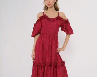80s Off Shoulder Dress Burgundy Ruffle Puff Sleeve Tiered Midi Cold Shoulder Wine Red Floral Embossed Peasant Prairie Cottagecore Small S