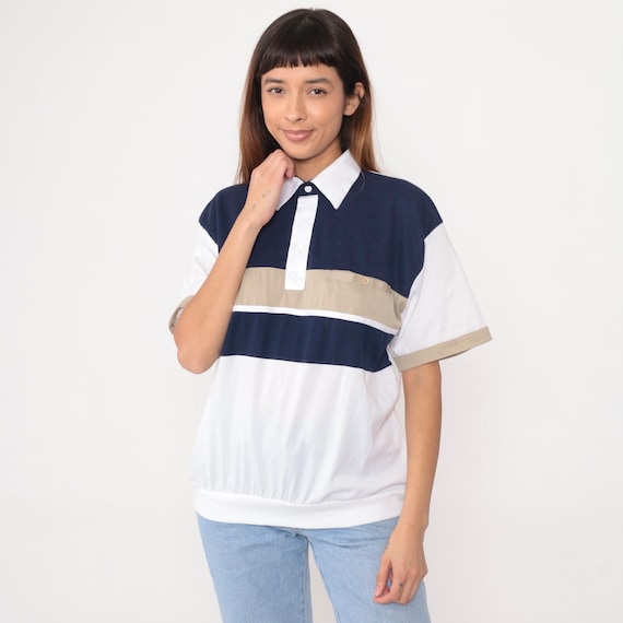 90s Striped Polo Shirt White Navy Blue Collared Shirt Retro Slouchy Short Sleeve Banded Hem Top Casual Blouse Preppy 1990s Vintage Medium