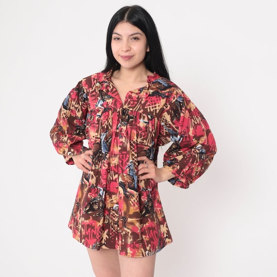 70s Rodeo Blouse Red Tent Top Boho Cowboy Shirt Bohemian Balloon Sleeve Micro Mini Dress Caftan 1970s Vintage Boho Hippie Trapeze Large L