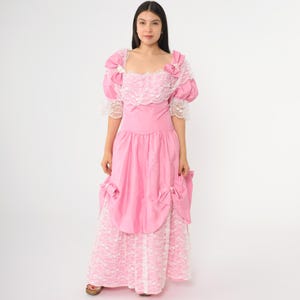 Vintage 80s Pink Prom Dress Lace Ruffle Southern Belle Gown Drop Waist Cupcake Maxi Formal Evening 1980s Bow Medium M
