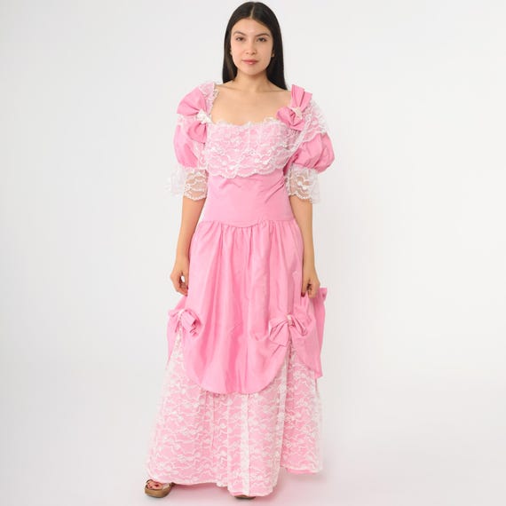 Vintage 80s Pink Prom Dress Lace Ruffle Southern Belle Gown Drop Waist Cupcake Maxi Formal Evening 1980s Bow Medium M