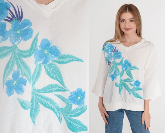 White Floral Shirt 80s 90s Top Blue Flower Graphi… - image 1