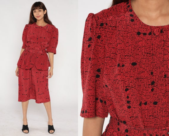 80s Peplum Dress 80s Red Speckled Dot Print Puff Sleeve Dress Secretary Pencil Wiggle Dress Midi 1980s Fitted High Waist Bohemian Large L 12