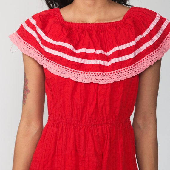 Red Bohemian Dress Midi OFF SHOULDER Dress Mexica… - image 6