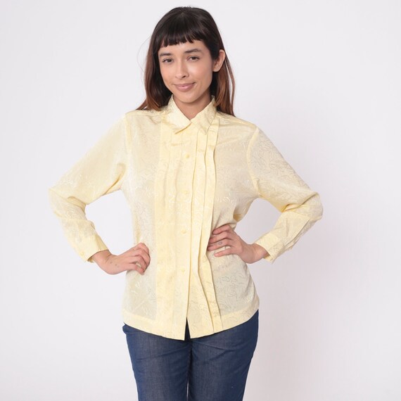 Yellow Floral Embossed Shirt 80s Long Sleeve Blouse Pleated Shirt Button Up 1980s Vintage Secretary Top Medium