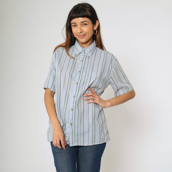 Vintage Light Blue Striped Shirt 80s Button Up Shirt Polyester Cotton Blend Shirt Short Sleeve 1980s Men's Large L