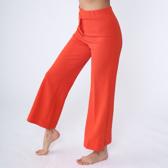 70s Bell Bottom Pants Orange Polyester High Waisted Trousers Boho Flared 1970s High Elastic Waist Hippie Vintage Bohemian Small