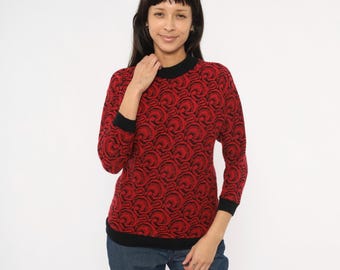 Suéter de punto jacquard rojo y negro con estampado de remolinos de los 80, ribete de contraste, puños acanalados, carmesí, estilo vintage, grunge gótico, alternativo, talla XS.