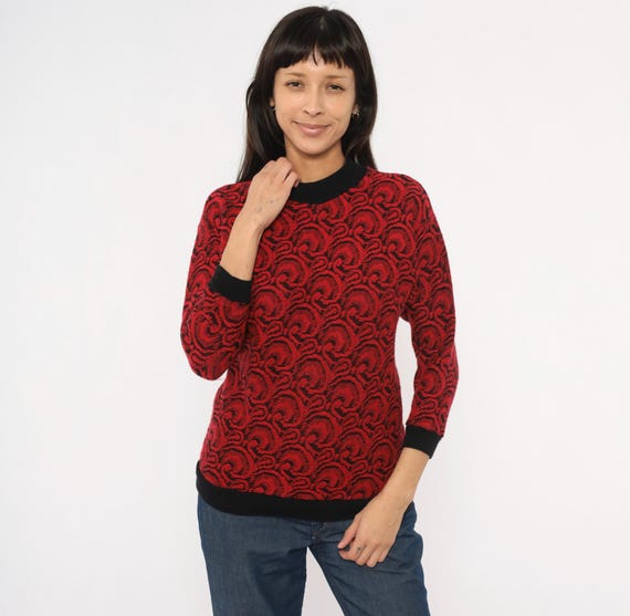80s Swirl Pattern Sweater Red Black Jacquard Knit Pullover Contrast Trim Ribbed Cuffs Crimson Vintage Women Grunge Gothic Alt Extra Small XS
