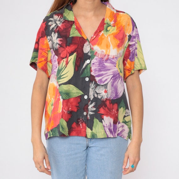 Watercolor Floral Blouse Y2K Silk Shirt Button up… - image 9