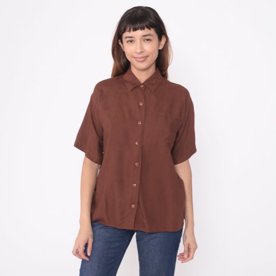 Brown Button Up Blouse 90s Rayon Short Sleeve Shirt Classic Simple Top Collared Plain Retro Vintage 1990s Shirt Oversized Small S