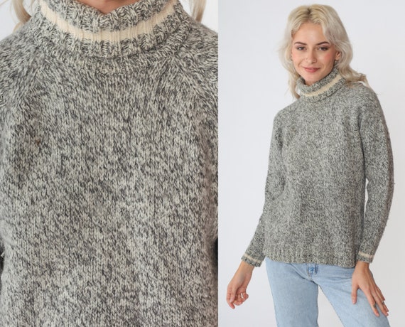 Turtleneck Sweater Y2K Black Cream Flecked Knit Pullover Sweater Wool Blend Striped Turtle Neck Ringer LL Bean Vintage 00s Extra Small xs