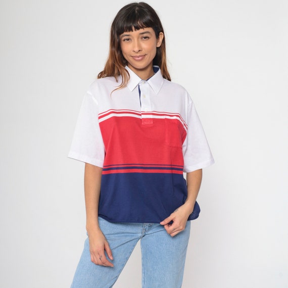 Striped Polo Shirt 90s Navy Blue Red White Color Block Collared Shirt Short Sleeve Pocket Retro Cutoff Raw Hem Vintage 1990s Extra Large xl