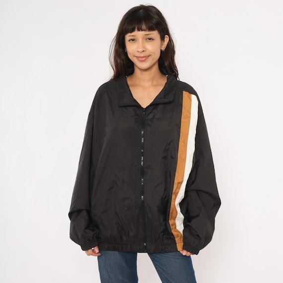 90s Black Windbreaker Tan White Stripe Zip Jacket Colorblock Athletic Track Coat Lined Sporty Streetwear Vintage Franklin Extra Large XL