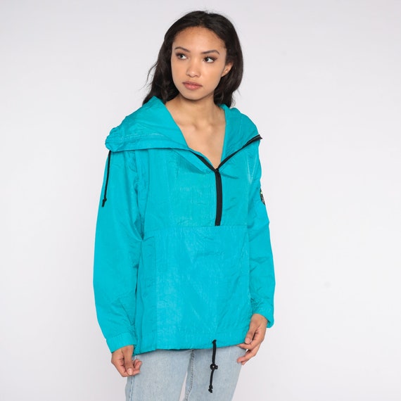 Hooded Windbreaker Jacket 90s Turquoise Blue Shiny Pullover Red Pepper Activewear Hoodie Quarter Zip 1990s Vintage Light Hood Medium M