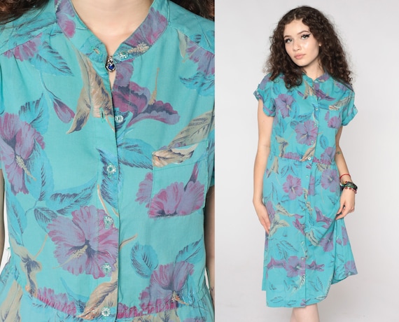 80s Floral Dress Blue Shirtdress Midi Dress Bohemian Flower Print Button Up Summer Vintage Boho High Waisted 1980s Short Sleeve Dress Medium