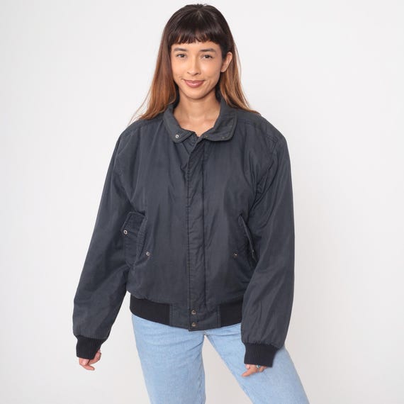 80s Members Only Bomber Jacket Black Gray Charcoal Windbreaker Cotton Quilted Lining Vintage Outerwear Athletic Streetwear Casual Large L