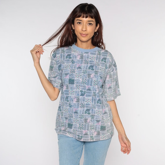 90s Patchwork T Shirt Blue Geometric Print Shirt Striped Pattern Tee 1990s Short Sleeve Vintage Streetwear Retro Hipster Surfer Medium M