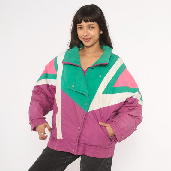 90s Ski Jacket Colorblock Teal Purple Pink White Geometric Windbreaker Puffer Coat Padded Winter Sport Insulated Vintage Womens Large L