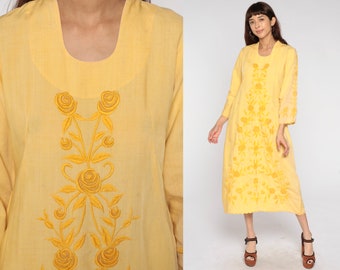 Floral Embroidered Dress 70s Boho Dress Yellow Midi Long Sleeve 1970s Hippie Bohemian Shift Festival Vintage Embroidery Small Medium