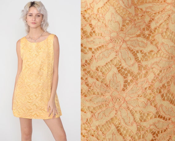 Yellow Lace Dress 60s Party Dress Mod Mini Cockta… - image 1