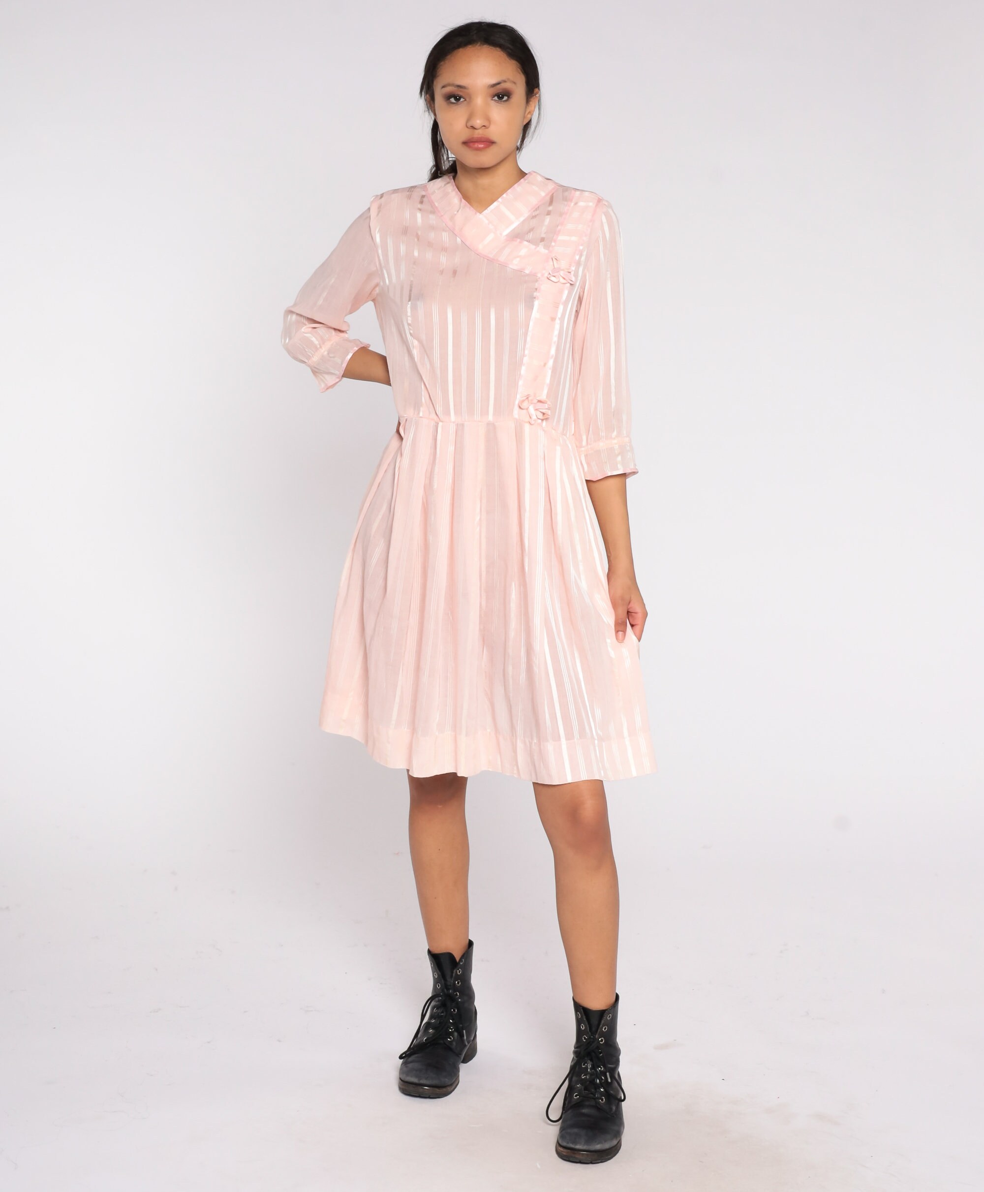 Baby Pink Striped Dress 70s 80s Mini Dress Sheer High Waisted Dress ...