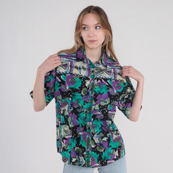 Southwestern Shirt 90s Geometric Print Button up Top Navajo Eye Pattern Short Sleeve Blouse Black Purple Green Cotton Vintage 1990s Large L