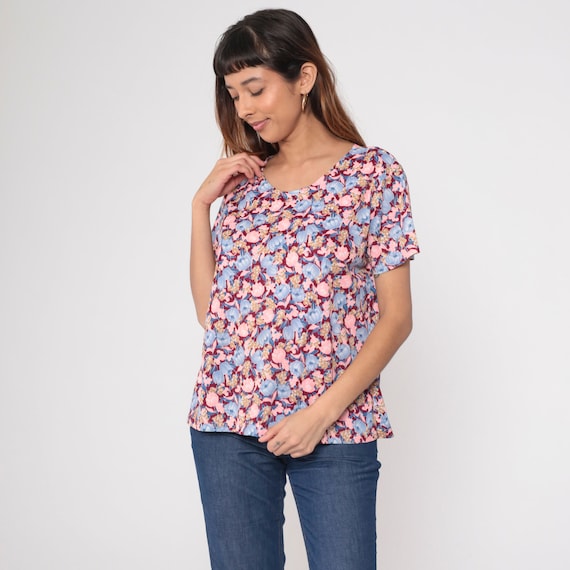 Floral Blouse 70s Top Mod Floral TShirt Pink Blue Burgundy 1970s Flower Print Blouse Boho Short Sleeve Hippie T Shirt Bohemian Vintage Large