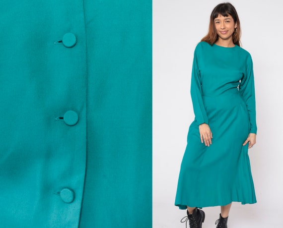 Teal Green Dress 90s Button Back Batwing Sleeve Ankle Dress Long Sleeve Day Dress Simple Basic Plain Minimalist Vintage 1990s Small S