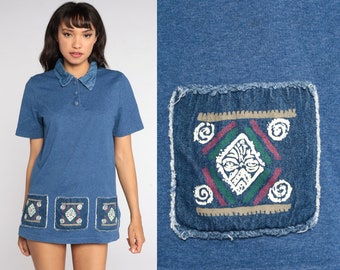 Geometric Shirt 90s Blue Polo Shirt Graphic Top Short Sleeve T Shirt 1990s Vintage Patchwork Shirt Medium