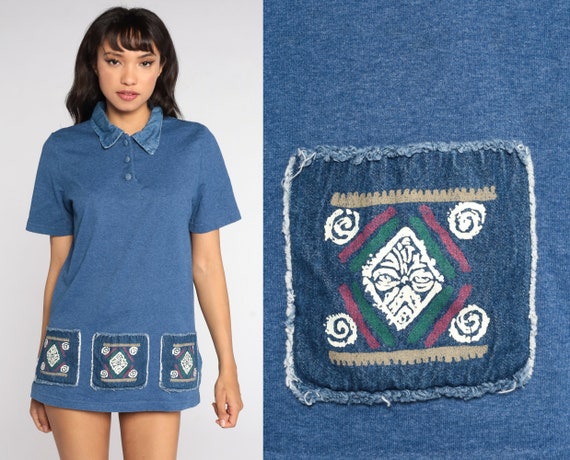 Geometric Shirt 90s Blue Polo Shirt Graphic Top S… - image 1