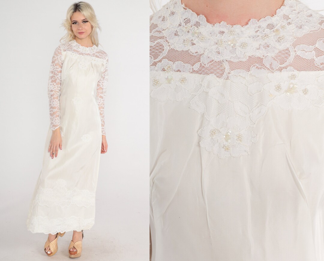60s Wedding Dress Long White Lace Dress Beaded Sequin 1960s Maxi Bridal