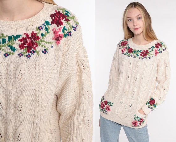 90s Floral Sweater Cream Graphic Print Knit Cotton Ramie Sweater Pointelle Cutout 1990s Slouchy Pullover Vintage Jumper Small