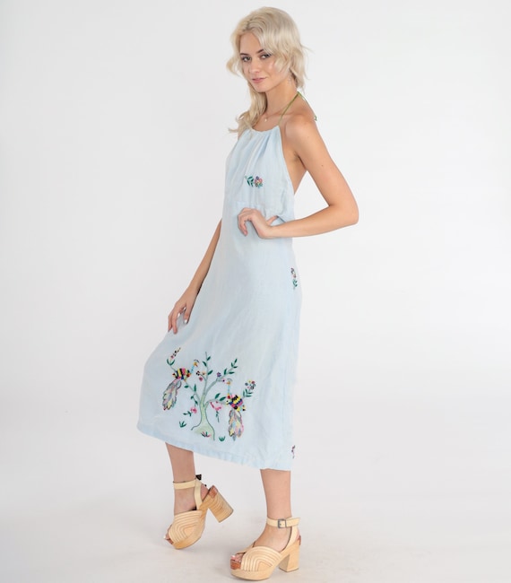 Embroidered Dress 70s Blue Floral Sundress Peacock Tree Halter Neck Open Back Empire Waist Midi Dress Retro Sun Vintage 1970s Small Medium
