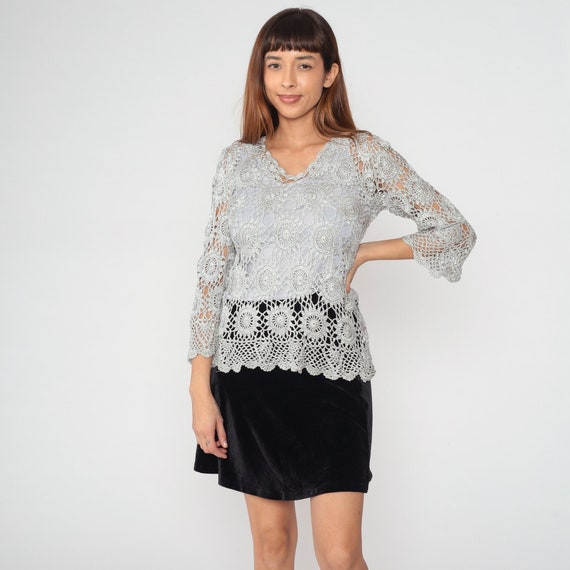 Grey Crochet Top 90s Sheer Knit Blouse 3/4 Sleeve Shirt Open Weave Cutout Sun Design Cut Out Hippie Summer Festival Vintage 1990s Medium M
