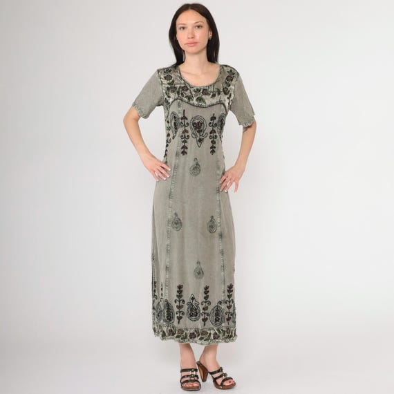 Y2K Indian Embroidered Dress Vintage MPH Grey Beaded Floral Maxi Crinkle Rayon Vintage 90s Festival Boho Hippie Short Sleeve Medium M