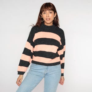 Vintage Peach Striped Sweater 80s Flecked Charcoal Grey Pullover Knit Sweater Retro Crewneck Jumper Spring Acrylic Basic 1980s Medium M